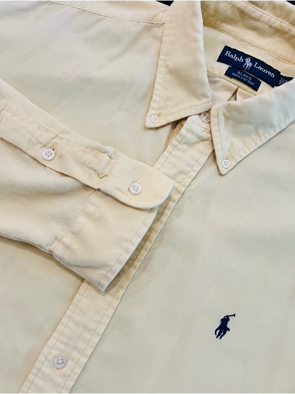 Ralph Lauren Men’s Corduroy Button-Down Shirt in Butter Yellow Polo Pony